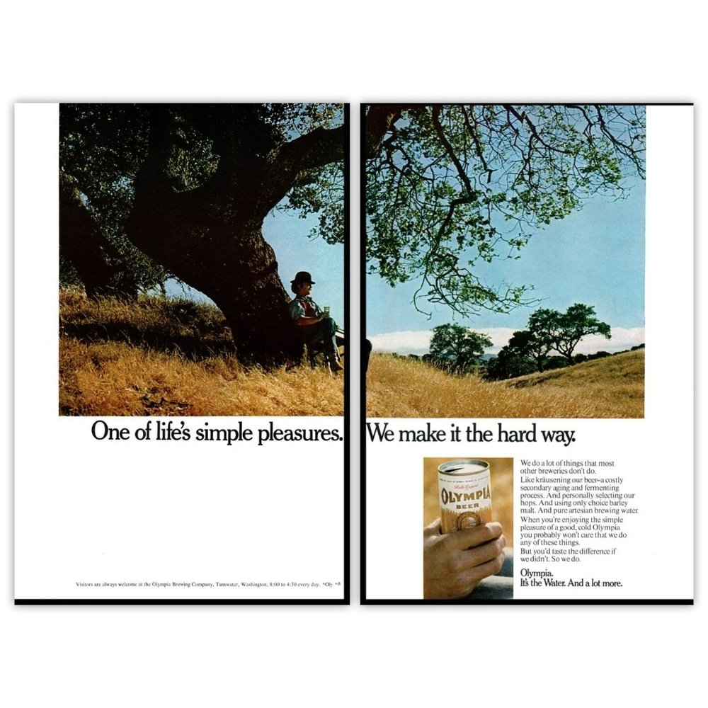 1972 Olympia Beer Life's Simple Pleasures 2 Page Vintage Print Ad Tree in Field